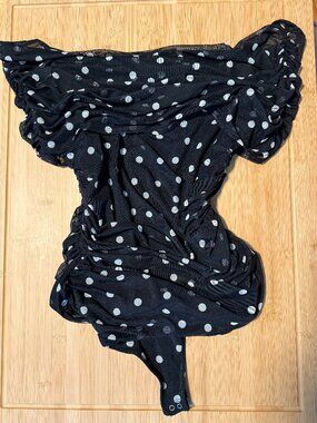 Abercrombie & Fitch Black Polkadot Mesh Ruched Bodysuit Size L